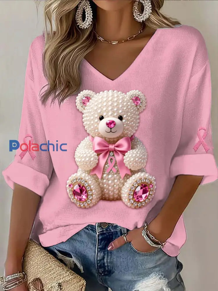 T shirt à manches longues en coton décontracté imprimé abstrait perles Ours Cancer du sein Vintage rose foncé / S