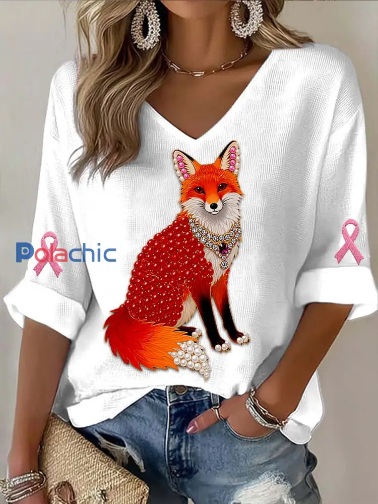 T shirt à manches longues en coton décontracté à imprimé cancer du sein Fox Pearl Vintage Blanc / S