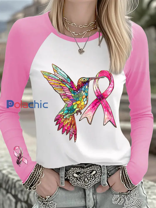 T shirt à manches longues femme avec ruban rose Colibri cancer du sein Blanc / S