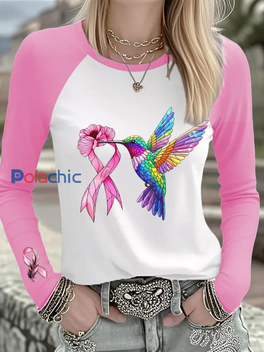 T shirt à manches longues femme avec ruban rose Colibri cancer du sein Blanc / S