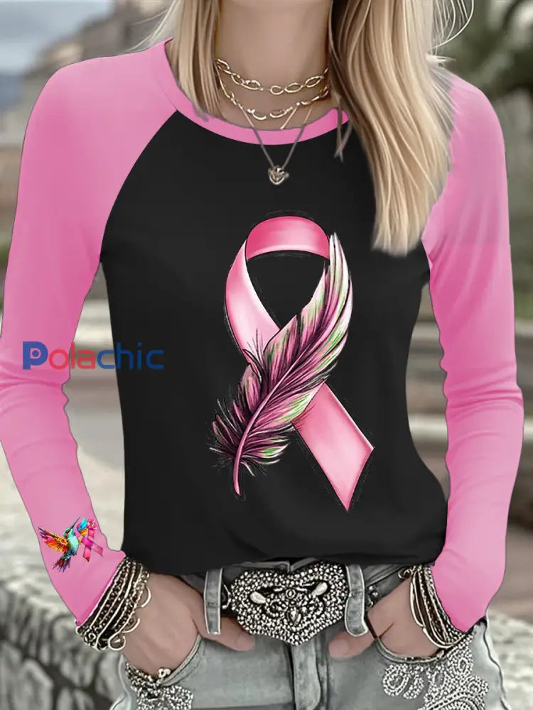 T shirt à manches longues femme avec ruban rose Colibri cancer du sein Noir / S