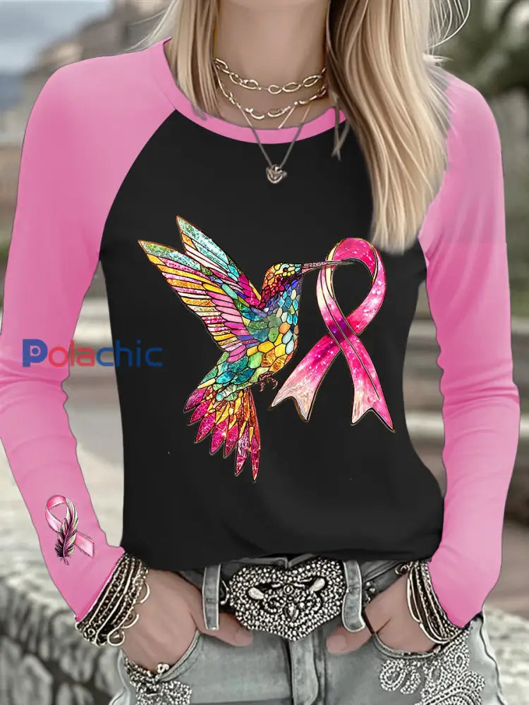 T shirt à manches longues femme avec ruban rose Colibri cancer du sein Noir / S