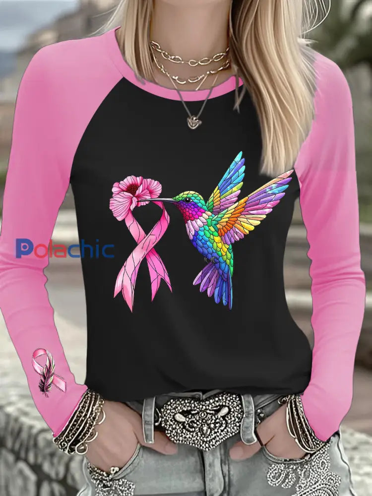 T shirt à manches longues femme avec ruban rose Colibri cancer du sein Noir / S