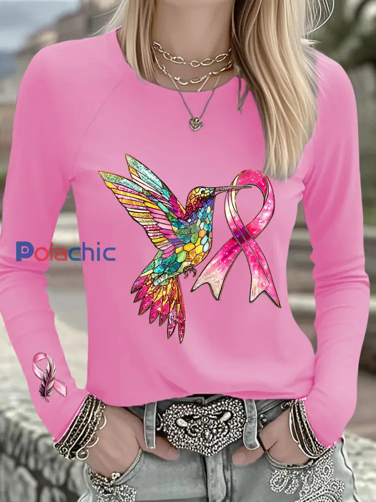 T shirt à manches longues femme avec ruban rose Colibri cancer du sein Rose / S