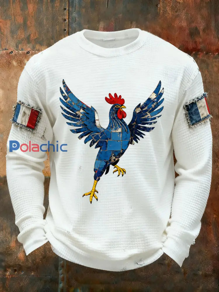 T-shirt à manches longues imprimé gaufré France Le Coq Gaulois pour homme Blanc / S