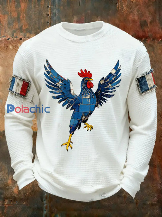 T-shirt à manches longues imprimé gaufré France Le Coq Gaulois pour homme Blanc / S
