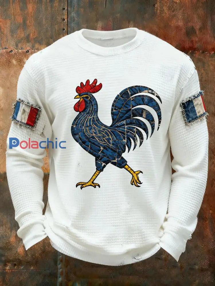 T-shirt à manches longues imprimé gaufré France Le Coq Gaulois pour homme Blanc / S