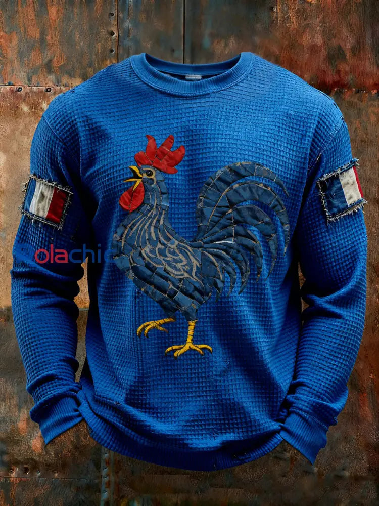 T-shirt à manches longues imprimé gaufré France Le Coq Gaulois pour homme Bleu / S