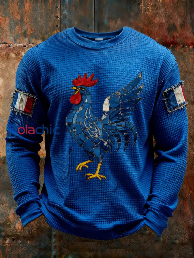 T-shirt à manches longues imprimé gaufré France Le Coq Gaulois pour homme Bleu / S