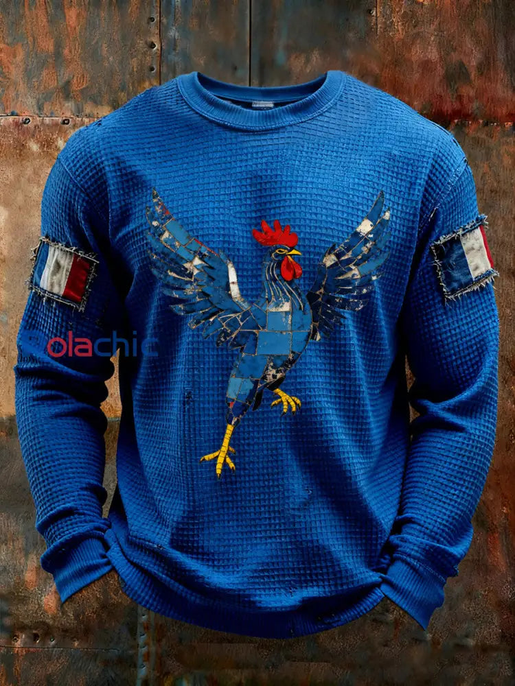 T-shirt à manches longues imprimé gaufré France Le Coq Gaulois pour homme Bleu / S