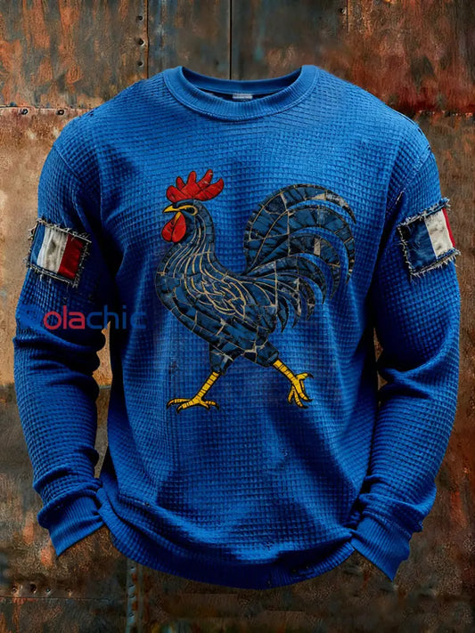 T-shirt à manches longues imprimé gaufré France Le Coq Gaulois pour homme Bleu / S