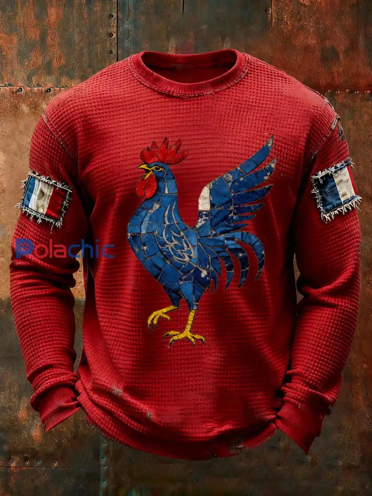 T-shirt à manches longues imprimé gaufré France Le Coq Gaulois pour homme Rouge / S