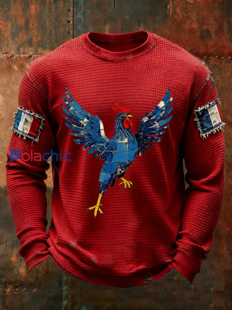 T-shirt à manches longues imprimé gaufré France Le Coq Gaulois pour homme Rouge / S