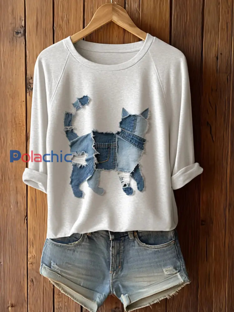 T-shirt à manches longues mignon chat patchwork art femmes Blanc / S