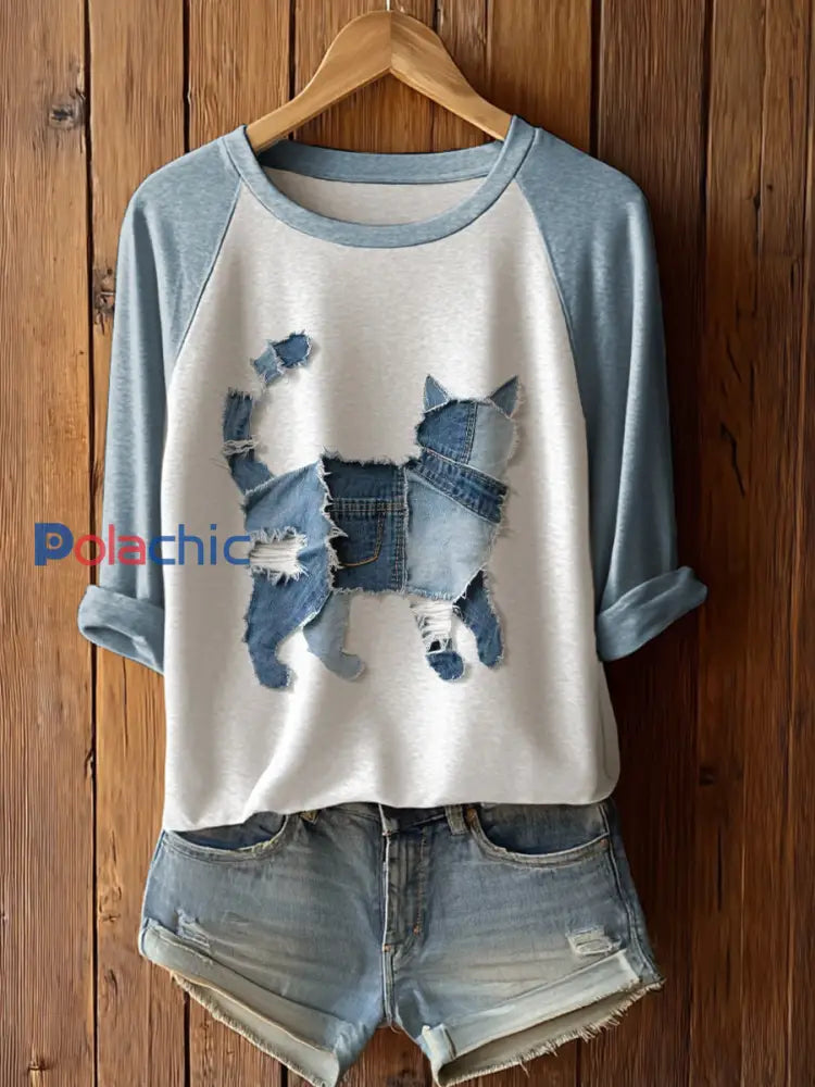 T-shirt à manches longues mignon chat patchwork art femmes Bleu Clair / S