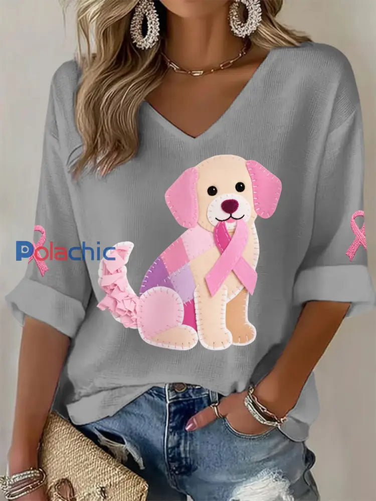 T shirt à manches longues pour femmes Rose Chien Rose Ruban Soutien Sensibilisation au Cancer du Sein Gris / S