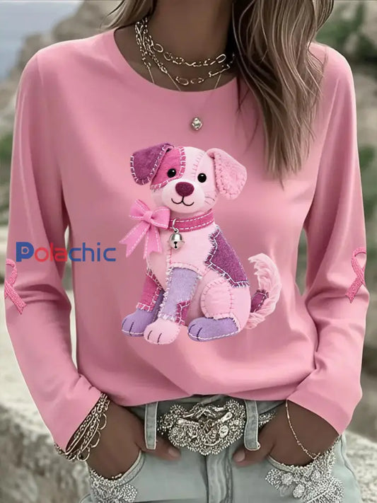T-shirt à manches longues pour femmes Rose Chien Rose Ruban Soutien Sensibilisation au Cancer du Sein Rose / S