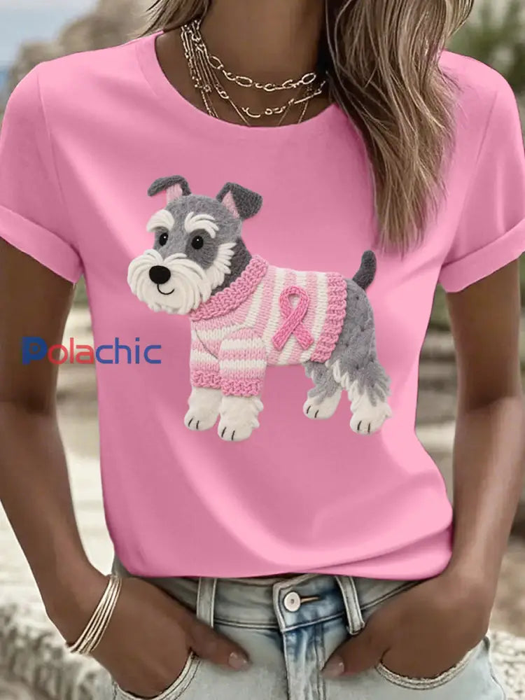 T shirt à motif de chien Schnauzer Art pour femmes Rose / S