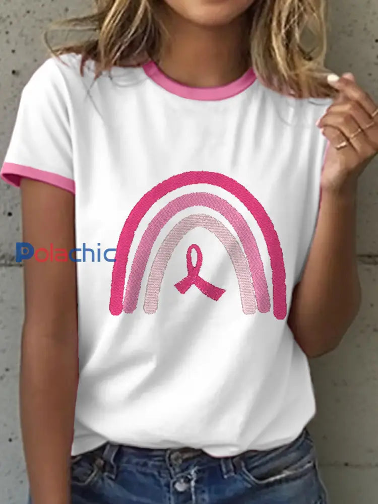 T-shirt brodé de sensibilisation au cancer du sein pour femmes Blanc / S