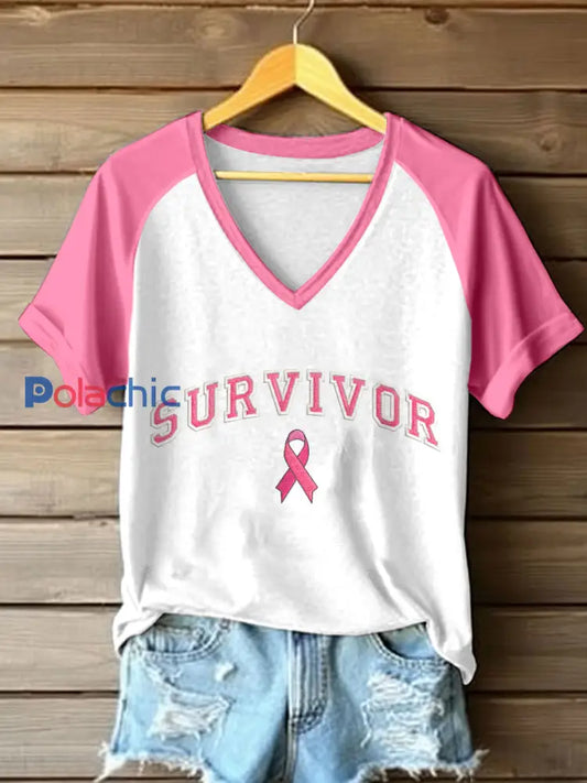 T-shirt brodé de survivant de sensibilisation au cancer du sein pour femmes Rose / S
