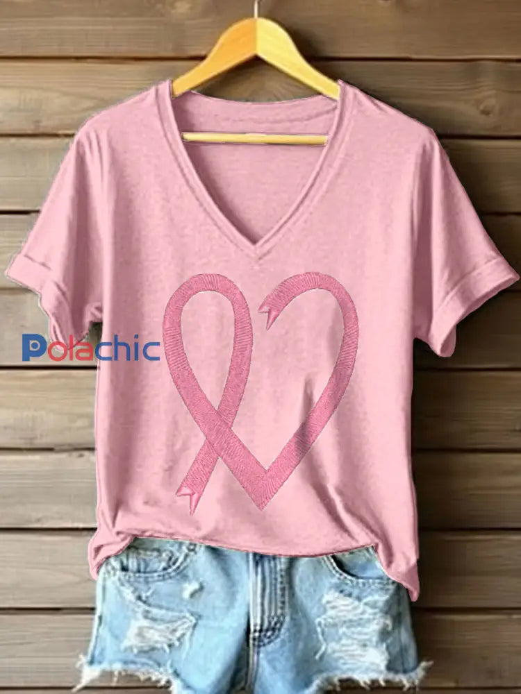 T-shirt brodé femme sensibilisation au cancer du sein Rose / S