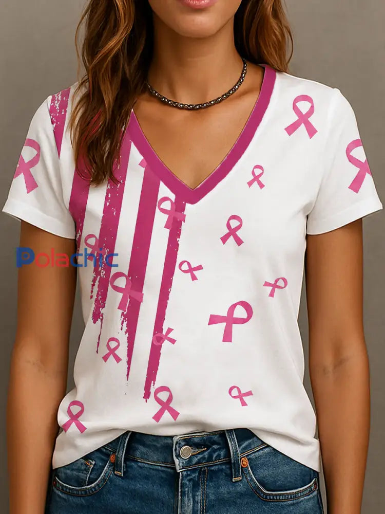 T-shirt col en V ruban rose pour femmes sensibilisation au cancer du sein Rose / S