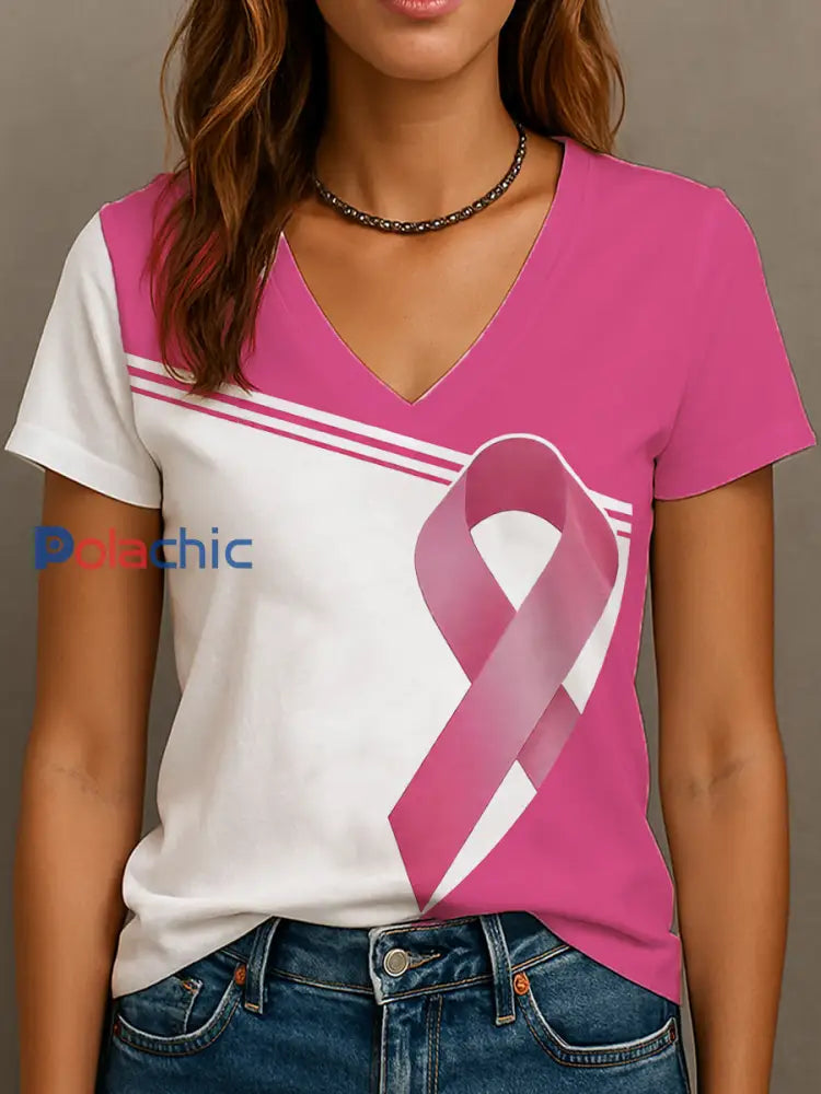 T-shirt col en V ruban rose pour femmes sensibilisation au cancer du sein Rose / S