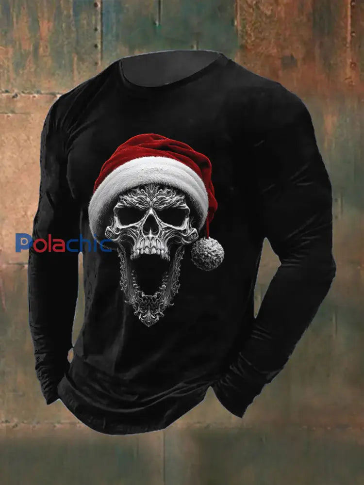 T-shirt col rond à manches longues imprimé crâne de Noël gothique pour hommes Noir / S