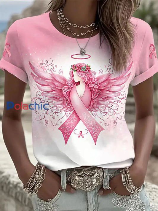 T-shirt col rond imprimé sensibilisation au cancer du sein pour femmes Rose / S