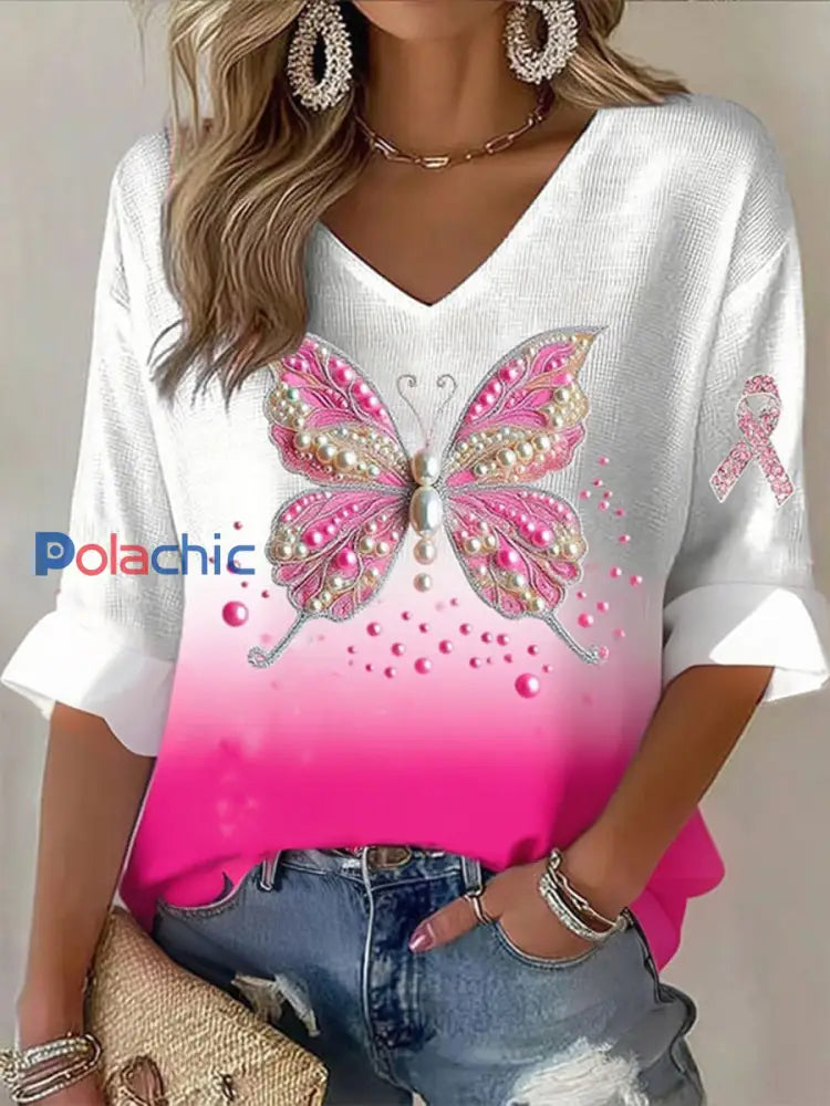 T-shirt de gaufre de papillon de conscience de cancer du sein des femmes Rose / S