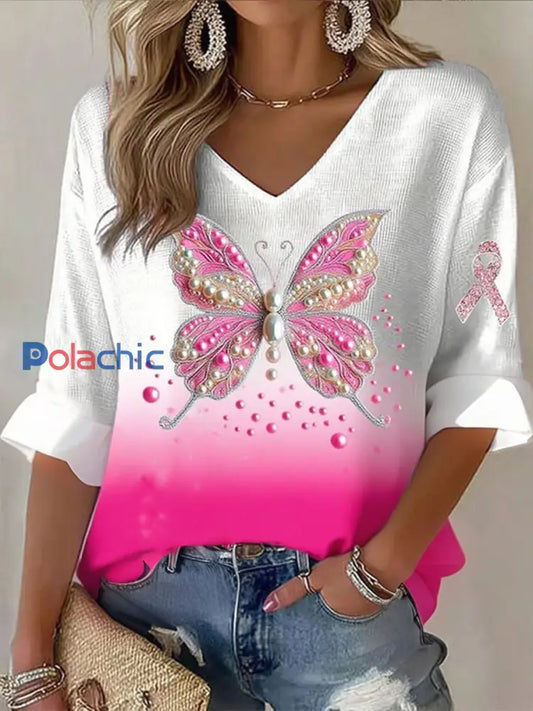 T-shirt de gaufre de papillon de conscience de cancer du sein des femmes Rose / S