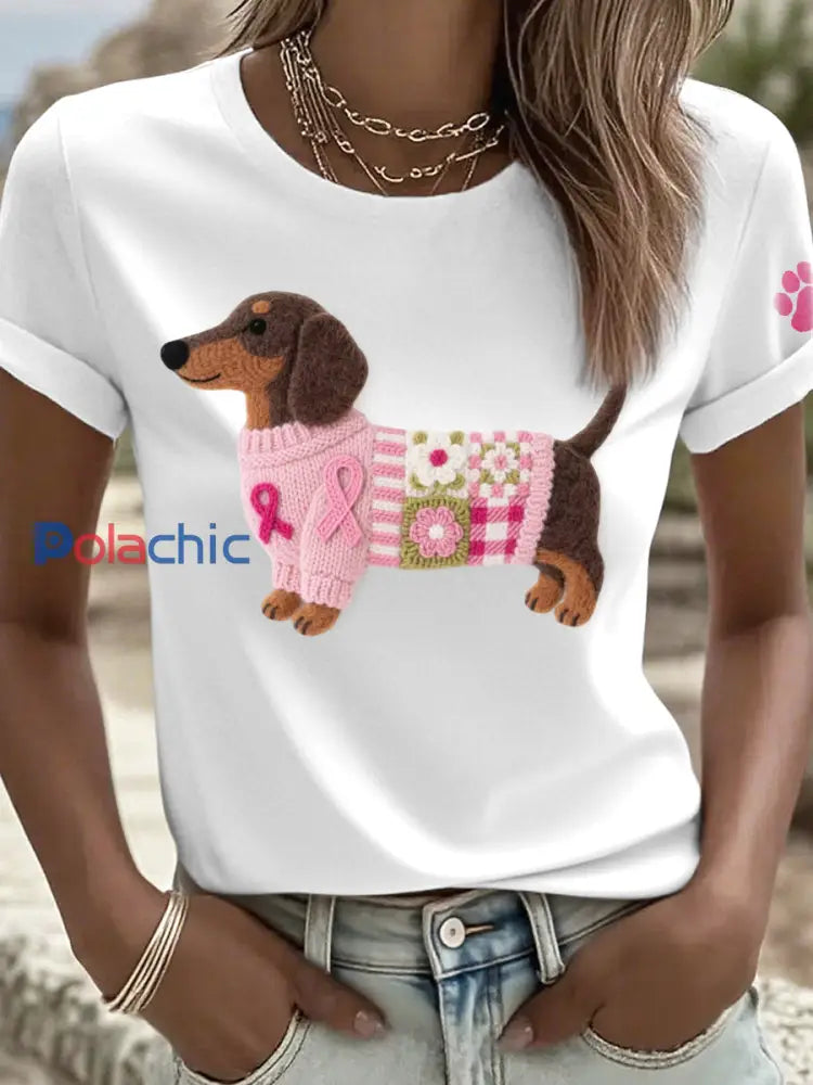 T-shirt de modèle de teckel d’art de feutre des femmes Blanc / S