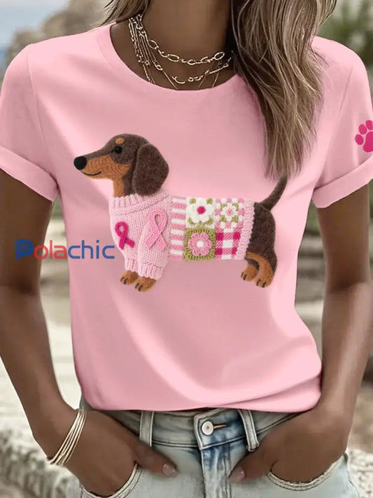 T-shirt de modèle de teckel d’art de feutre des femmes Rose / S