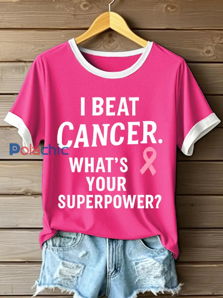 T-shirt de sensibilisation au cancer du sein I Beat Cancer pour femme Rose / S