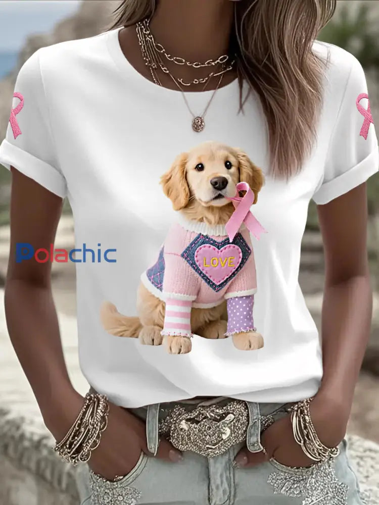 T shirt de soutien de sensibilisation au cancer du sein ruban rose chien rose femme Blanc / S