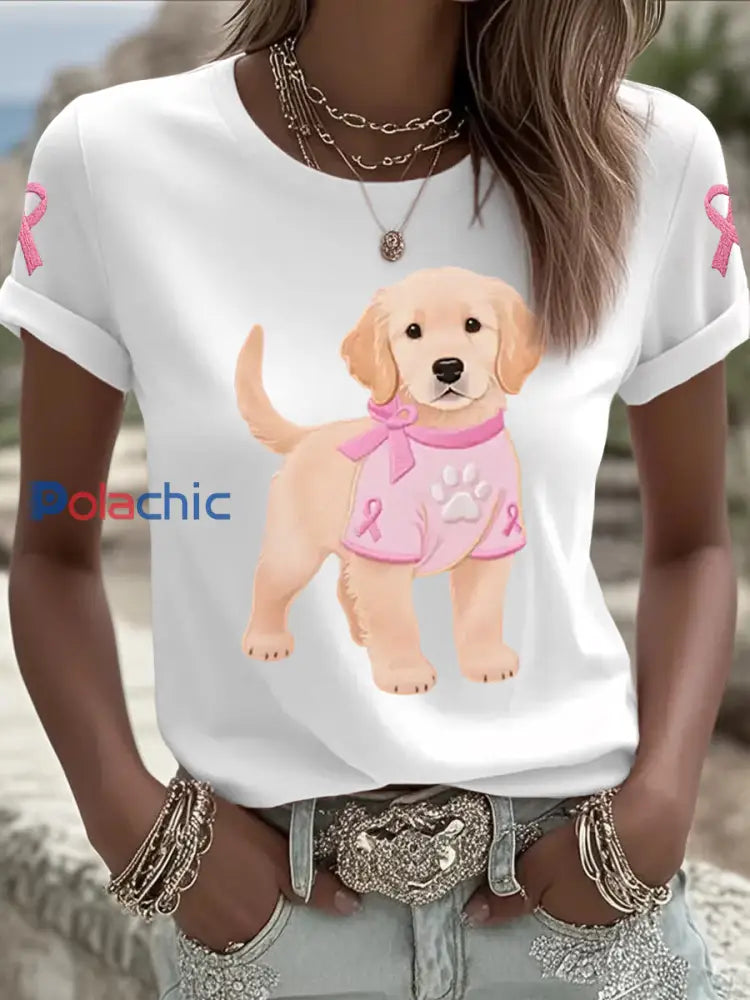T-shirt de soutien de sensibilisation au cancer du sein ruban rose chien rose femme Blanc / S
