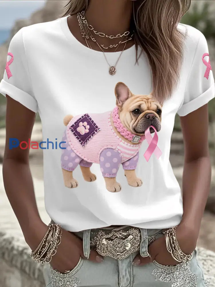 T shirt de soutien de sensibilisation au cancer du sein ruban rose chien rose femme Blanc / S