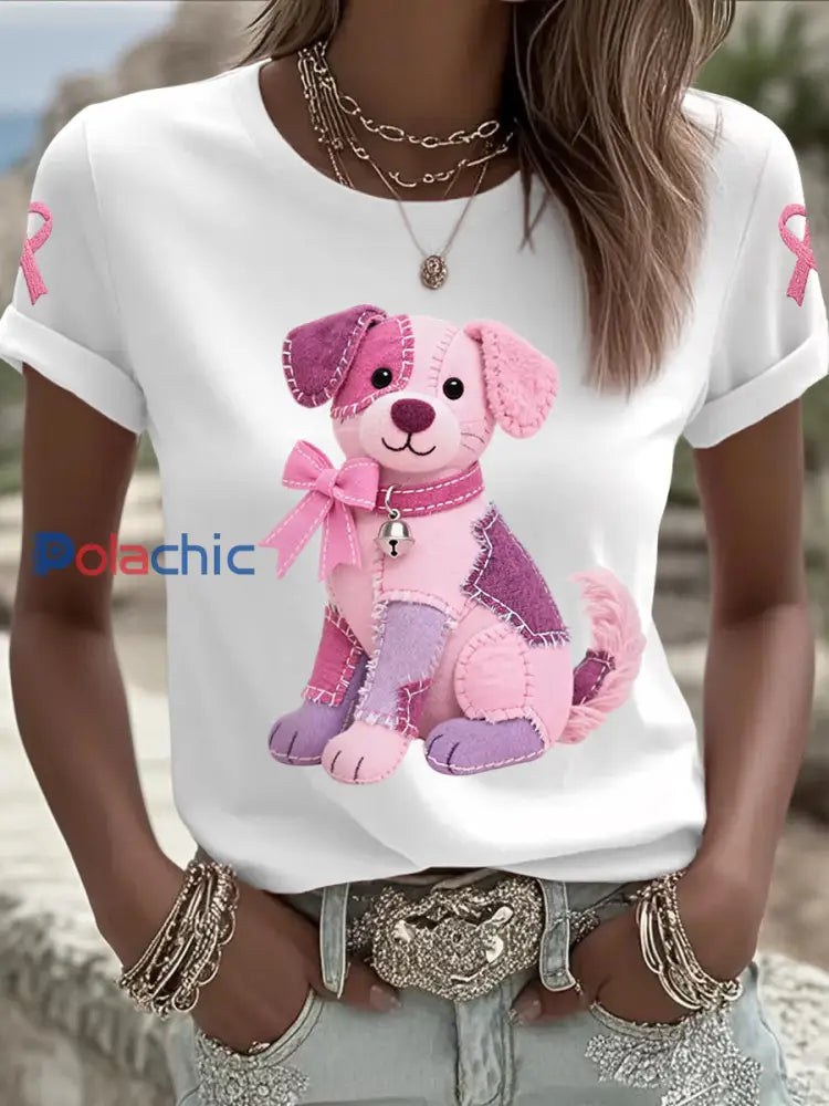 T shirt de soutien de sensibilisation au cancer du sein ruban rose chien rose femme Blanc / S