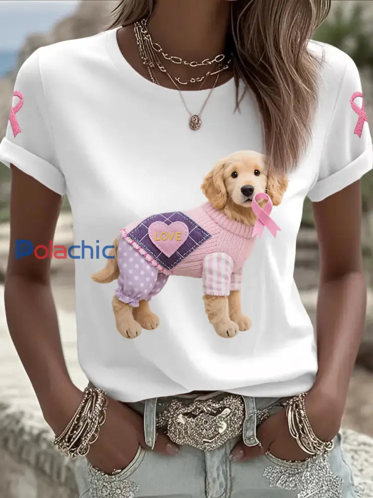 T shirt de soutien de sensibilisation au cancer du sein ruban rose chien rose femme Blanc / S