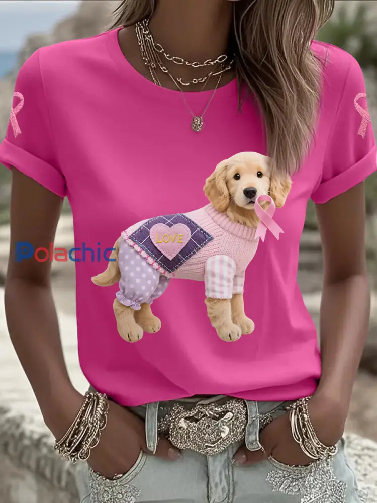 T shirt de soutien de sensibilisation au cancer du sein ruban rose chien rose femme Rose Rouge / S
