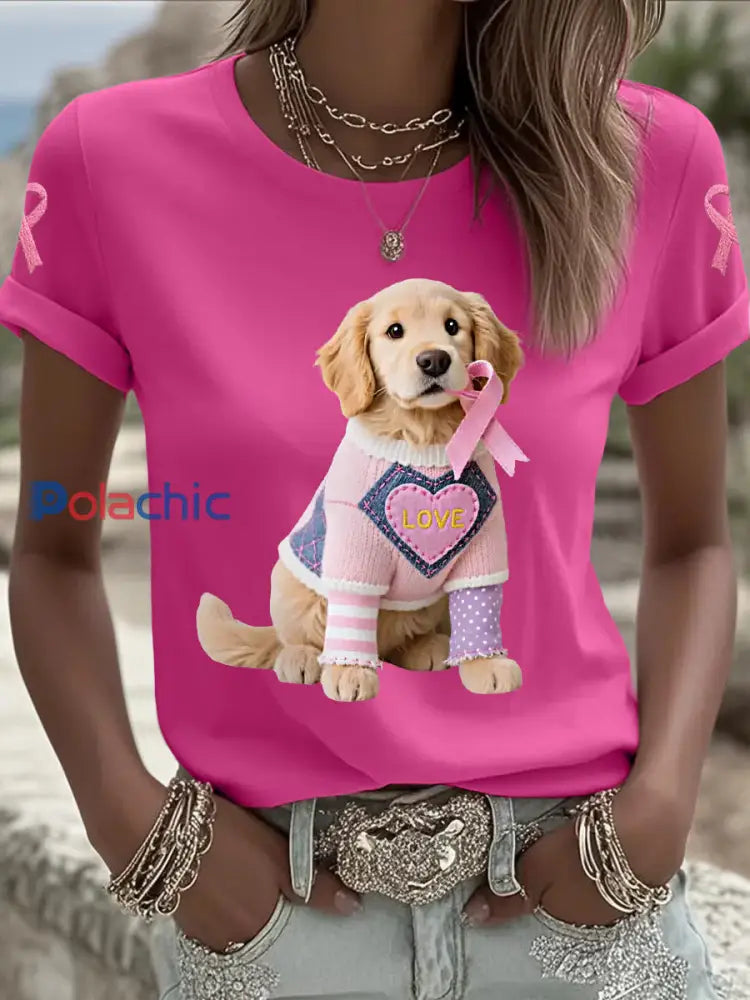 T shirt de soutien de sensibilisation au cancer du sein ruban rose chien rose femme Rose Rouge / S