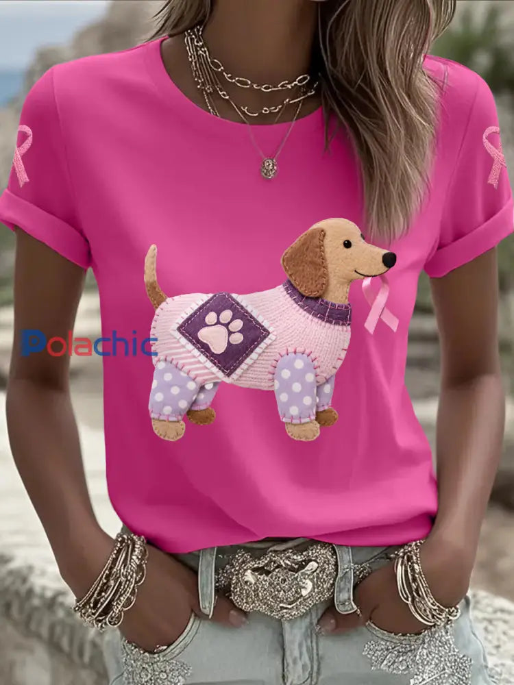 T shirt de soutien de sensibilisation au cancer du sein ruban rose chien rose femme Rose Rouge / S
