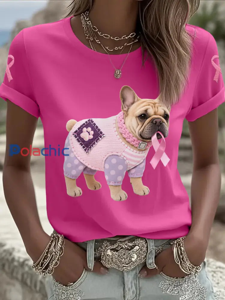 T shirt de soutien de sensibilisation au cancer du sein ruban rose chien rose femme Rose Rouge / S
