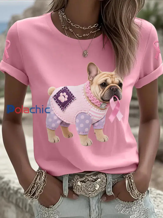 T shirt de soutien de sensibilisation au cancer du sein ruban rose chien rose femme Rose / S