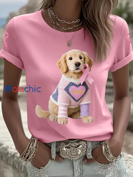 T shirt de soutien de sensibilisation au cancer du sein ruban rose chien rose femme Rose / S