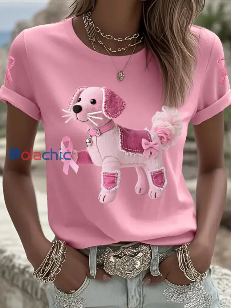 T-shirt de soutien de sensibilisation au cancer du sein ruban rose chien rose femme Rose / S
