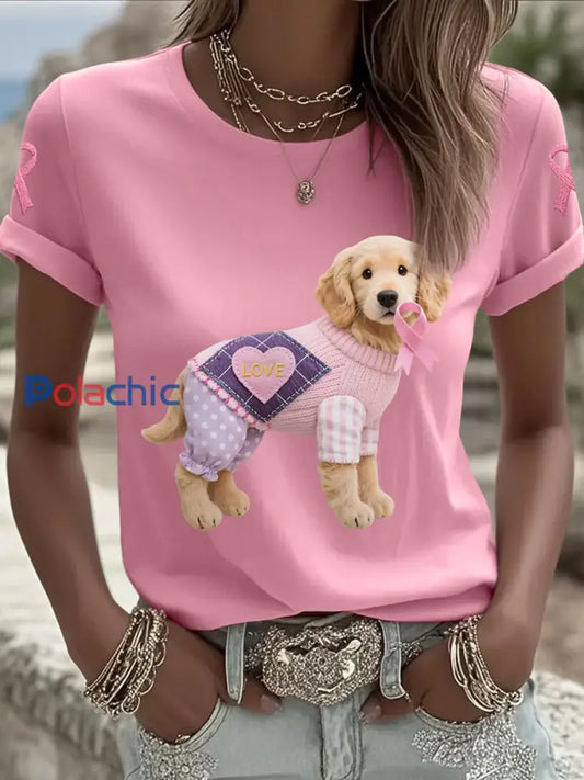 T shirt de soutien de sensibilisation au cancer du sein ruban rose chien rose femme Rose / S