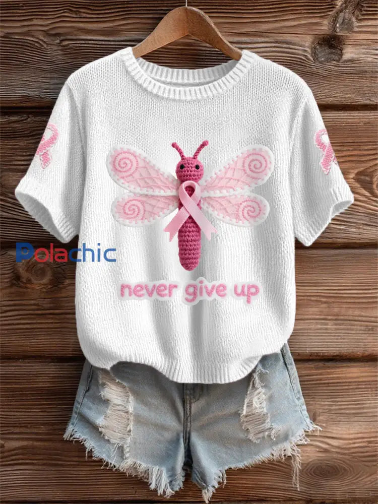 T shirt de soutien de sensibilisation au cancer du sein ruban rose libellule rose des femmes blanc / S