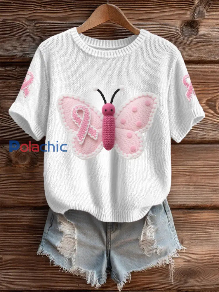 T shirt de soutien de sensibilisation au cancer du sein de ruban rose papillon rose des femmes blanc / S