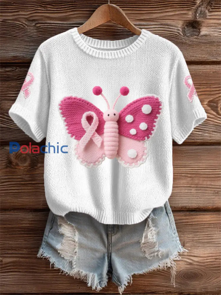 T shirt de soutien de sensibilisation au cancer du sein de ruban rose papillon rose des femmes blanc / S